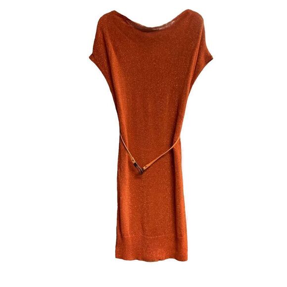 NEW YORK & COMPANY Orange Metallic Belted Sweater Dress Size XS - Picture 2 of 11